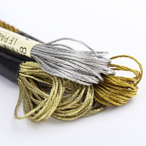 Image of 3 Skeins Metallic Embroidery Floss, Glitter Embroidery Thread String, Polyester Cross-Stitch Threads for Hand Embroidery, String Art, DIY Bracelet- Gold & Silver & Yellow
