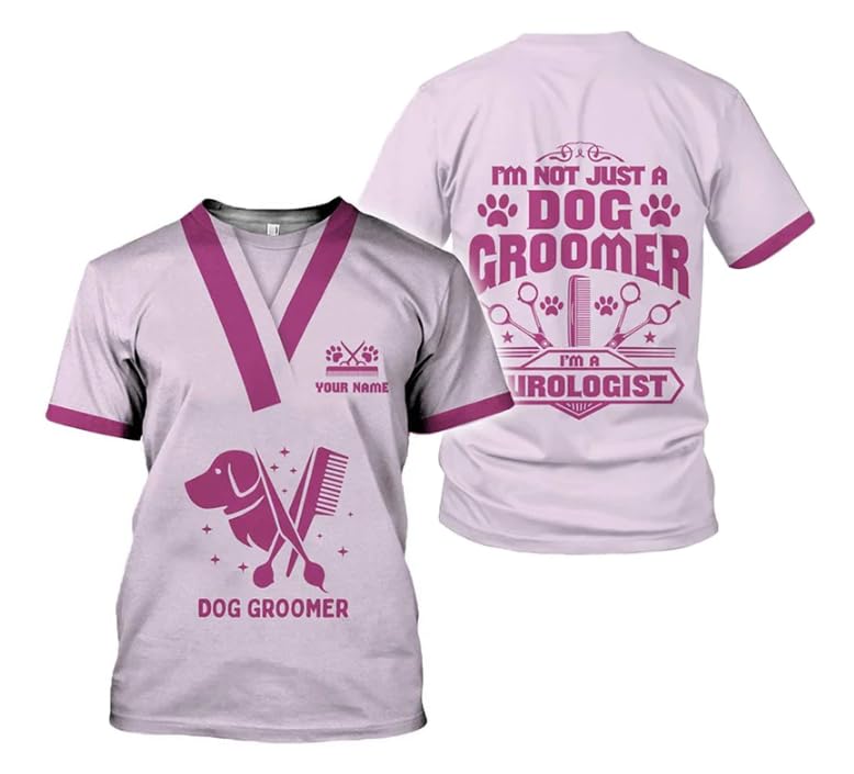 MAPrints Personalized Dog Grooming 3D Shirt, Custom Pet Spa Short Sleeve T-Shirt Cute Pet Grooming Summer Tshirt for Women