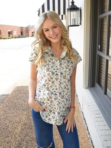 HOTOUCH Women Hawaiian Floral Shirt Soft Summer Camp Blouses Beach Tropic Print V Neck Button Up Tops Flower Short Sleeve Tops3