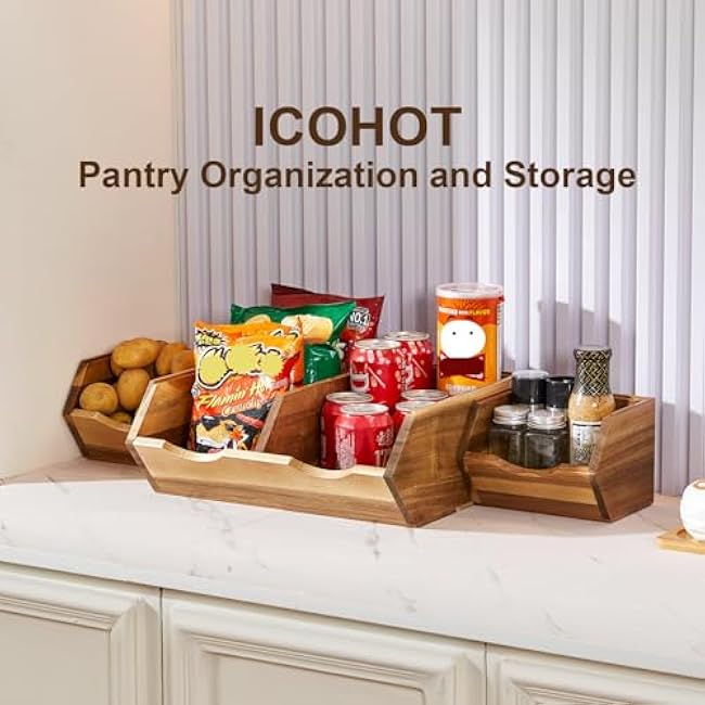 Acacia Wood Pantry Storage Bins, Stackable Storage Baskets Potato and Onion Storage Bins, Pantry Organizer Wooden Baskets Organization and Storage, Set 3 Pieces