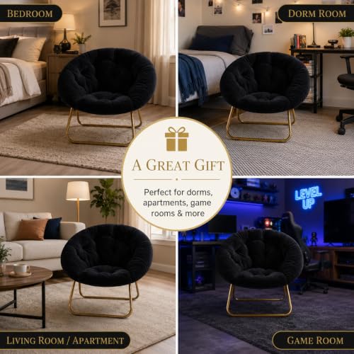 Image of Simple Deluxe Comfy Chairs for Bedroom, Faux Fur Saucer Chair for Adults, Oversized Comfy Soft Saucer Chair, Padded Lazy Chair for Living Room Dorm Rooms, Black