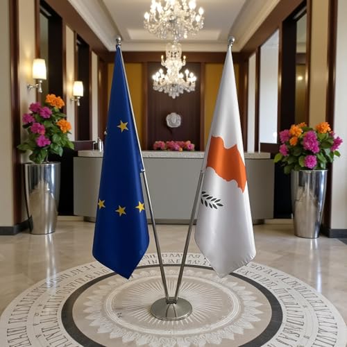 Drapeau Chypre et Union Européenne officiel : ensemble protocolaire prestige pour ambassade
