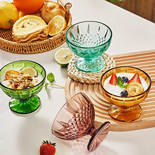 Kmwares 4Pcs Set 8Oz Colored Footed Glass Dessert Bowls/Cups With Colorful Crystal Diamond Pattern - For Dessert, Sundae, Ice Cream, Smoothie, Fruit, Salad, Snack, Cocktail, Condiment, Wedding Party #TOP2
