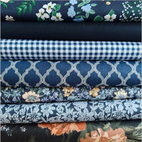 Image of Cotton Fabric DIY Making Supplies Quilting Patchwork Fabric Fat Quarter Bundles DIY for Quilting Cotton Patchwork Cushions (Navy Flowers, 9.8 inch x 9.8 inch)