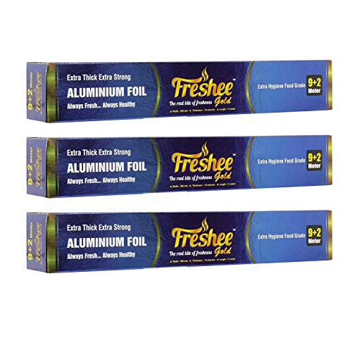 Image of Freshee 9m Plus 2m Disposable Foil for Food Wrapping Pack of 3 Aluminium Foil Rolls for Oven Roasting, 14 Micron Thick Silver Foil for Food Parcel & Delivery