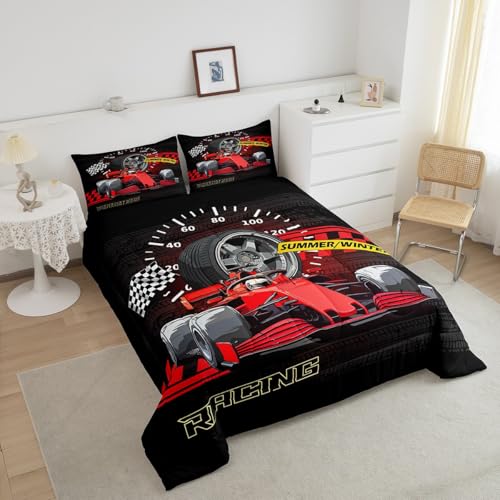 Image of Feelyou Kids Race Car Bedding Set Queen Size, Red Racing Car Duvet Insert Karting Road Comforter Set Boys Girls Teens Bedroom Decor 3Pcs