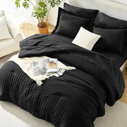 Image of HIMEET Oversized Queen Comforter Set - 7 Pieces Seersucker Bed in a Bag, Boho Bedding Sets for Bedroom Decor, All Season Home Essential Bed Set with Comforter, Sheets, Pillowcases & Shams, Black