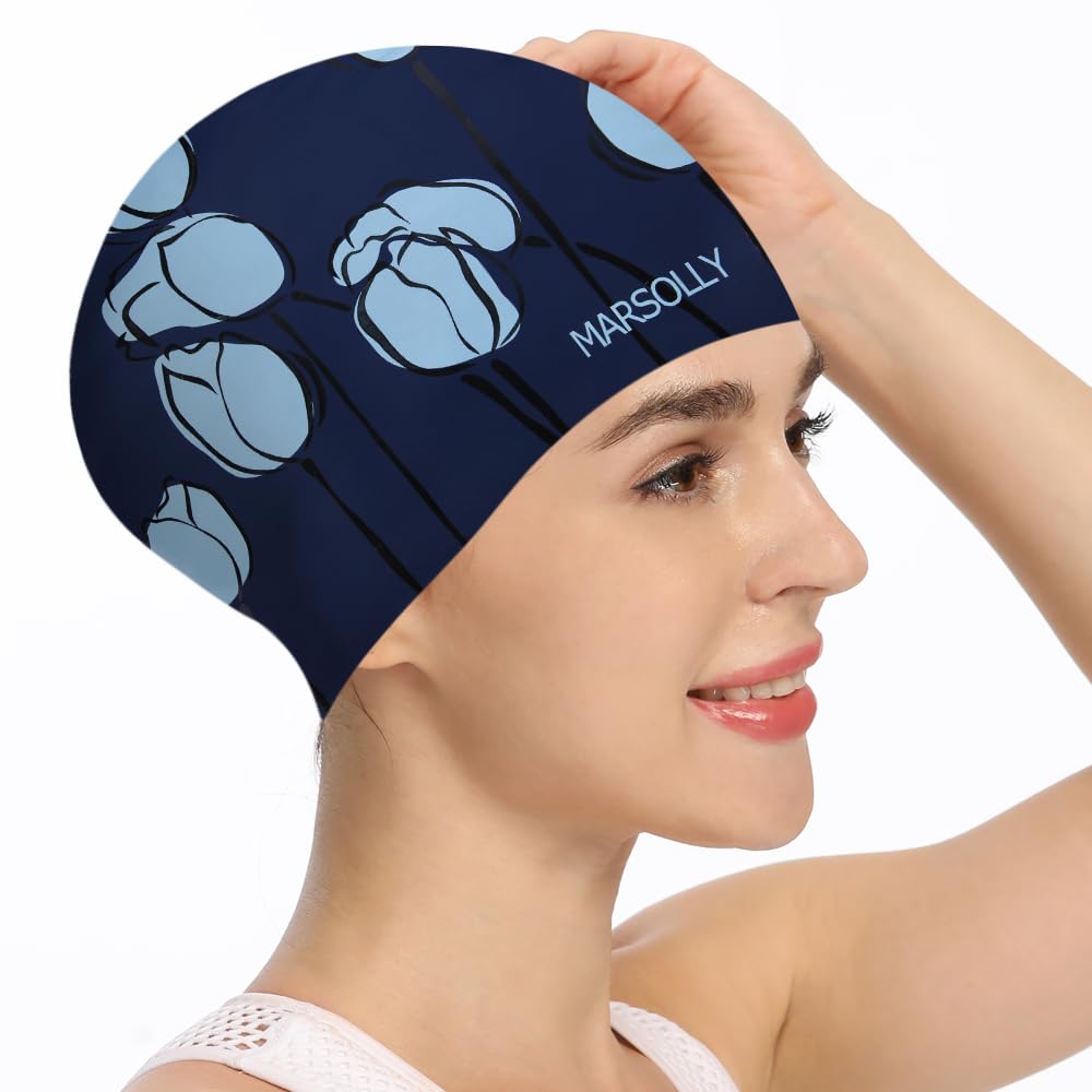 Marsolly Silicone Swim Cap for Women, Waterproof Long Hair Swimming Caps with Flower Printed
