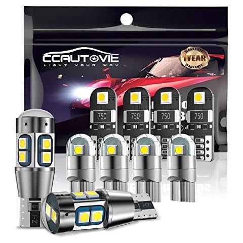 CCAUTOVIE 168 W5W 501 LED Bulb Kit, T10 501 LED Bulbs White for Car Interior License Plate Lights Dome Map Door Parking Lights pack of 10 Cover