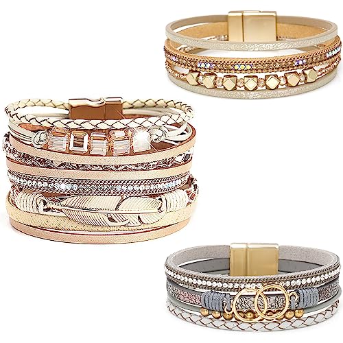 3Pack Leather Wrap Bracelet Set for Women Wrist Cuff Bracelet Multilayer Wrap Bracelet Magnetic Clasp Bracelet