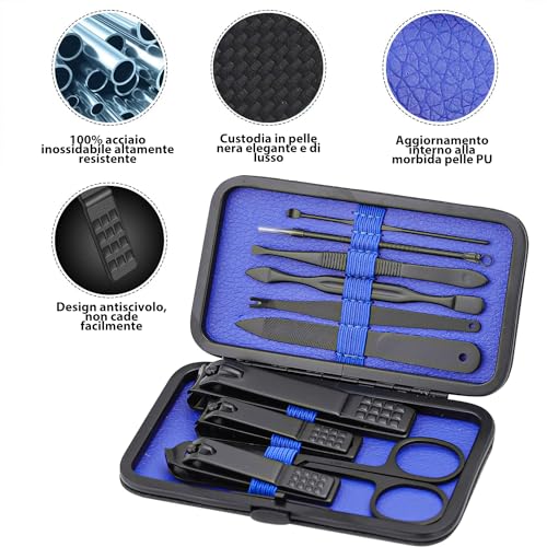 Image of Glamne Manicure Set Nail Clippers Kit Professional Stainless Steel Nail Care Tools with Leather Travel Case 10 in 1 Blue