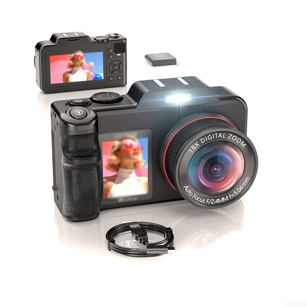 Fotocamera digitale 5K 80MP per fotografia, autofocus, torcia regolabile, zoom digitale 18x, fotocamera da viaggio per principianti, obiettivo grandangolare e macro (nero)