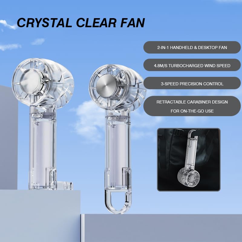 Mini ventilador de mano portátil con refrigeración por hielo, recargable por USB de 3 velocidades, ventilador personal transparente para mujeres y hombres, ventilador de viaje ligero para interiores y 5