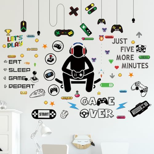 Stickers muraux gamer 6 pièces décor gaming chambre enfant ado – Décorations murales autocollantes PVC faciles à poser – Contrôleur de jeu et icônes...