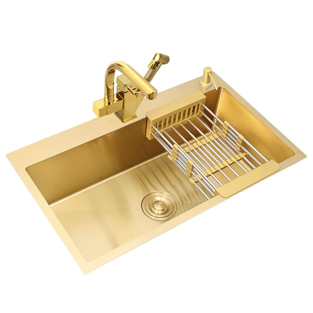 Cucina Lavello da appoggio per Cucina Domestica Lavello a Vasca Singola da Incasso Lavello Dorato al Bar Lavabo per Verdure in Acciaio Inox Lavelli sottopiano (Color : Sink+faucetA, Size : 60 * 45cm)