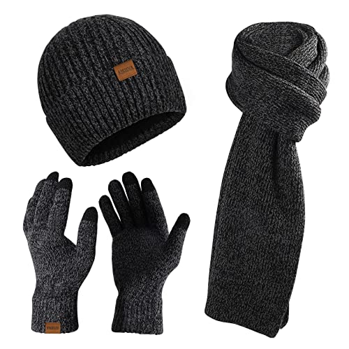 AISHNA Mütze, Schal Handschuh-sets für Damen Herren, Touchscreen-Handschuhe und Winterstrickmütze und -schal im Set mit Warmem Fleecefutter