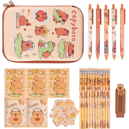 Estojo de lápis Capybara com material escolar, caixa de lápis fofa, conjunto de papelaria, inclui 5 canetas de gel, 5 cadernos, 12 lápis, 1 borracha retrátil, 50 adesivos, presentes para meninas