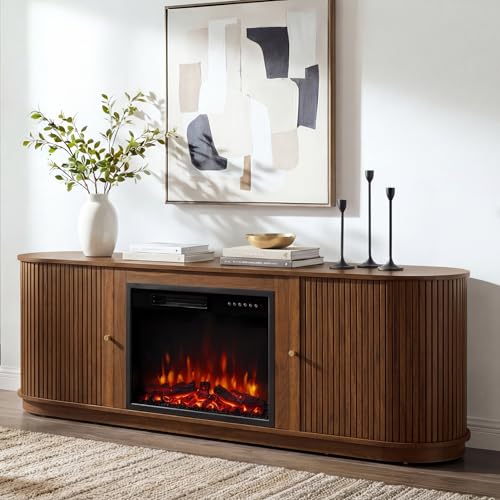 KISLOT 70 Fluted Fireplace TV Stand for TVs Up to 80 Sliding Tambour Doors Modern Entertainment Center with 23 Electric Fireplace Power Outlet & Cable Management Media Console for Living Room