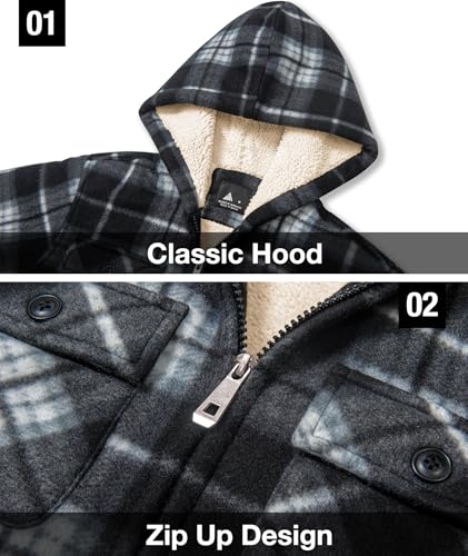 Image of GEEK LIGHTING Boys Flannel Jacket Sherpa Lined Hoodies Zip Up Fleece Plaid Shirt Jackets Winter Outdoor Coat Warm