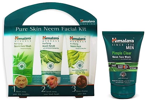 Image of Himalaya Pure Skin Neem Facial Kit (Facewash 50ml, Scrub 50G & Face Pack 50G) And Himalaya Men Pimple Clear Neem Face Wash, 100ml