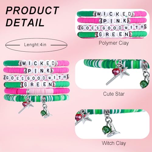 6 Pcs Witch Friendship Bracelet Witch Hat Magic Wand Charm Bracelets Pink Goes Good with Green Friendship Bracelets Pink Green Beads Bracelet for Friends Jewelry Gift2