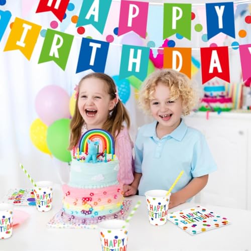 Image of Birthday Party Supplies Set for 25 Guests, Polka Dot Happy Birthday Decorations Kit with Plates, Napkins, Cups, Tablecloth, Banner & Balloons, Colorful Unisex Party Decor
