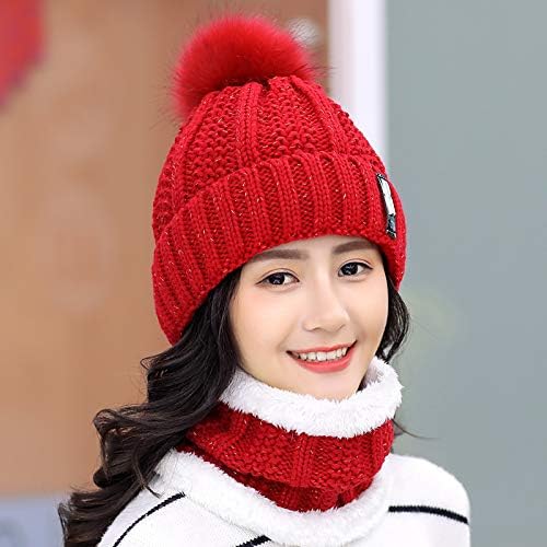 JSHANMEI Womens Knit Scarf Beanie Hat 2PCS Set Fleece Lined Pom Skull Cap Scarves Soft Warm Winter Gift Set