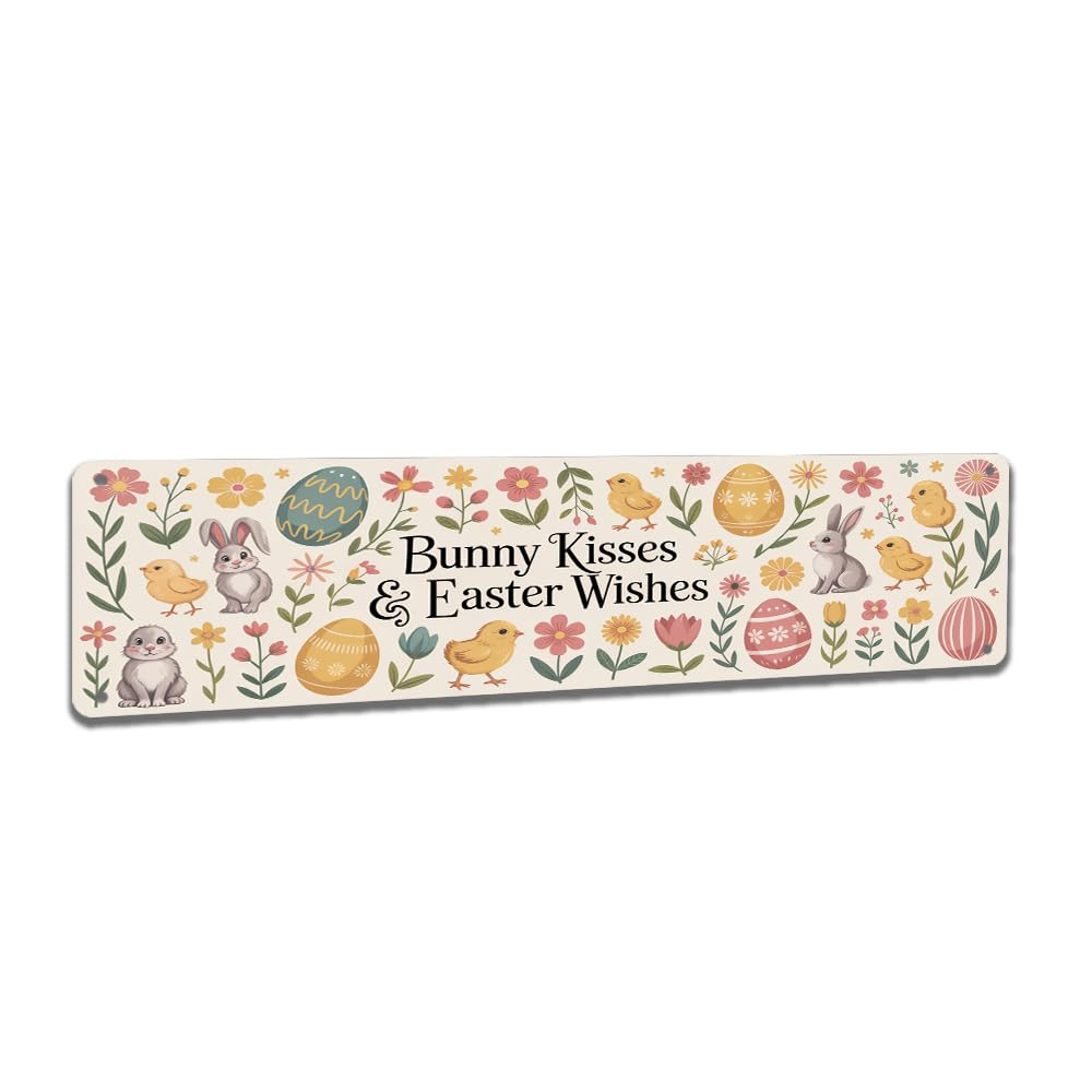 Peiyeety A009 Bunny Kisses & Easter Wishes Vintage Metal Tin Sign, 4X16 Inch Rustic Easter Themed Wall Decor, Retro Sign For Home, Porch, Waterproof Tin Sign, Durable Wall Art