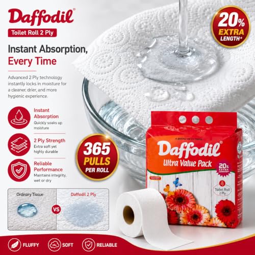 Image of DAFFODIL 2Ply Toilet Paper Tissue -4 Packs (365 pulls /roll, 1460 pulls, 2920sheets) UltraSoft Toilet Paper Roll, Strong and Long Lasting for Home or Office Use