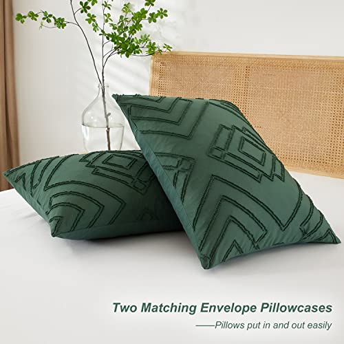 Powdion Tufted Duvet Cover Green King Bedding Duvet Cover Set With Jacquard Embroidery Geometric Design, 3 Pcs Boho Duvet Cover Set With Zipper Closure & Ties, Shabby Chic For All Seasons 104''X90'' #TOP3