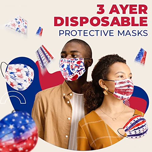 NiHealth 50PCS Disposable Face Masks Tomorotec Individually Wrapped USA Flag 5 Designs Stars & Stripes American Patriotic Patterns