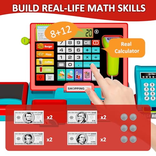 image for HYES Kids Cash Register Toy Playset with Real Calculator, Toddler Pret