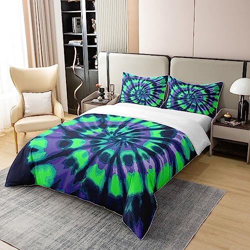 Tie Dye 100% Cotton Duvet Cover Set Single Size for Kids Boys Girls Boho Hippie Tie Dye Bedding Set Green Blue Trippy Swirl Comforter Cover Set Bedroom Decor Bohemian Gypsy Bedspread Cover - Image 2