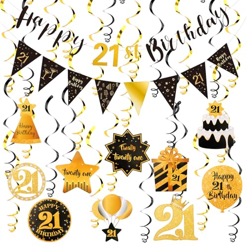 Image of Black Gold 21st Birthday Decorations for Him Happy 21st Banner and Swirls, Pre-Strung Party Supplies for 21 Year Old Party Decorations