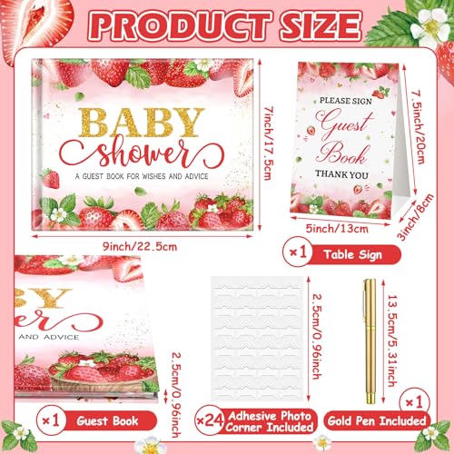 Image of Fuyoooo Strawberry Baby Shower Guest Book Baby Shower Sign in Guest Book Reception with Sonogram Page Keepsake Includes Gold Pen Table Card and Adhesive Photo Corner for Birthday
