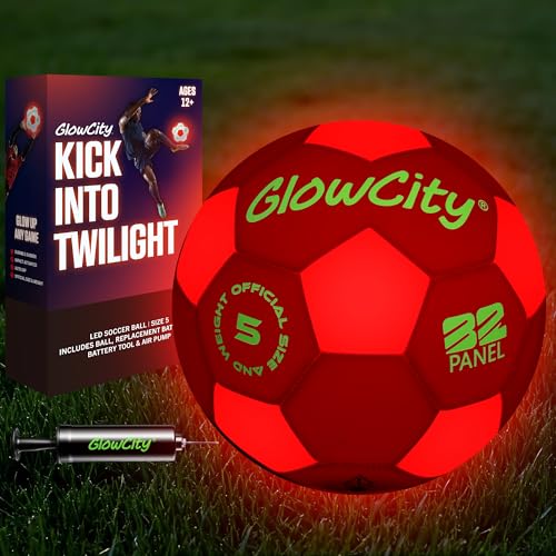 Product Image of the GlowCity Glow in The Dark Soccer Ball | Light Up Indoor/Outdoor Soccer Ball with 2 LED Lights | Pre-Installed Batteries | Fun Gift for Teens