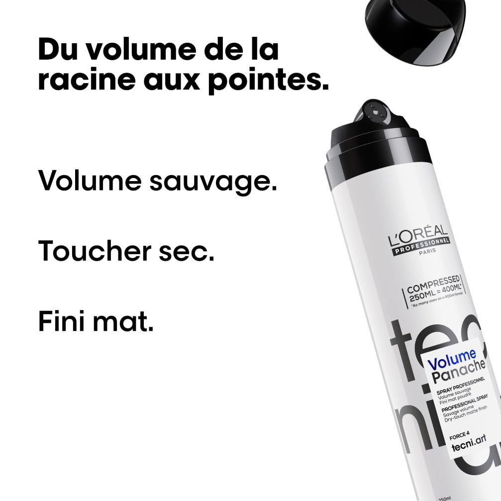 L'OREAL PROFESSIONNEL - Spray Coiffant Volume Panache Tecni Art - Volume Sauvage Maximal & Fini Mat Poudré - Homme & Femme - Sans Résidus & Toucher Sec - Convient aux Cheveux Raides à Bouclés - 250 ml