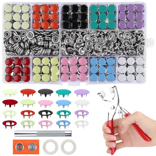 VFANDV 240 Sets Botones de Presion, 9,5mm Botones de Presion Metalicos con Alicate 10 Colores Kit de Cierre de Botón a Presión Corchetes de Presión para Ropa Infantil Vaqueros Chaquetas Zapatos