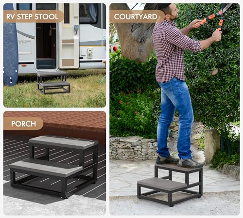 Tritthocker 2 Stufen für Erwachsene Kinder, Anti-Rutsch Wasserfest HDPE Holztritt mit 230kg Tragkraft, Verstellbare Füße & Abgerundete Ecken, Fußbank für Küche/Bad/Schlafzimmer
