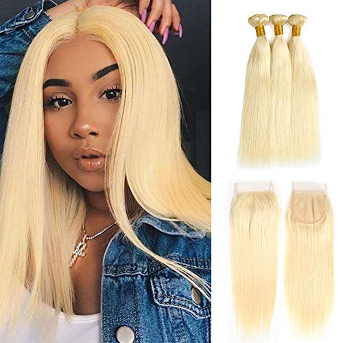 613 Straight Human Hair Bundles With Closure 3bundles Blonde Brazilian Virgin Hair With Lace Closure Unprocessed Hair Extensions With Free Part Closure (12 14 16+12inch Closure)