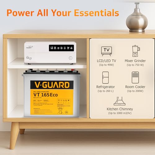 Image of V-Guard Inverter & Battery Combo (1150 Pure Sine Wave 1000VA /12V Inverter, VT 165 ECO 152 Ah Tall Tubular Battery) for Home, Office & Shops