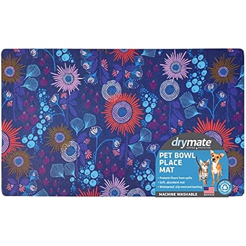 Drymate Pet Bowl Placemat, Dog & Cat Food Feeding Mat - Absorbent Fabric, Waterproof Backing, Slip-Resistant - Machine Washable/Durable (USA Made) (12” x 20”) (Reef Blue 1) Cover