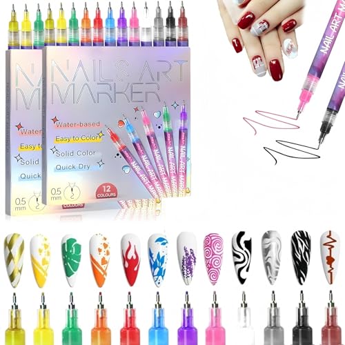12 Couleurs Stylo Nail Art Graffiti Pen, Marqueur Pur Nail Art, Stylos vernis à ongles 3D pour peinture, Feutres pour nail art à points, marqueur pour nail art avec étui (2Set)