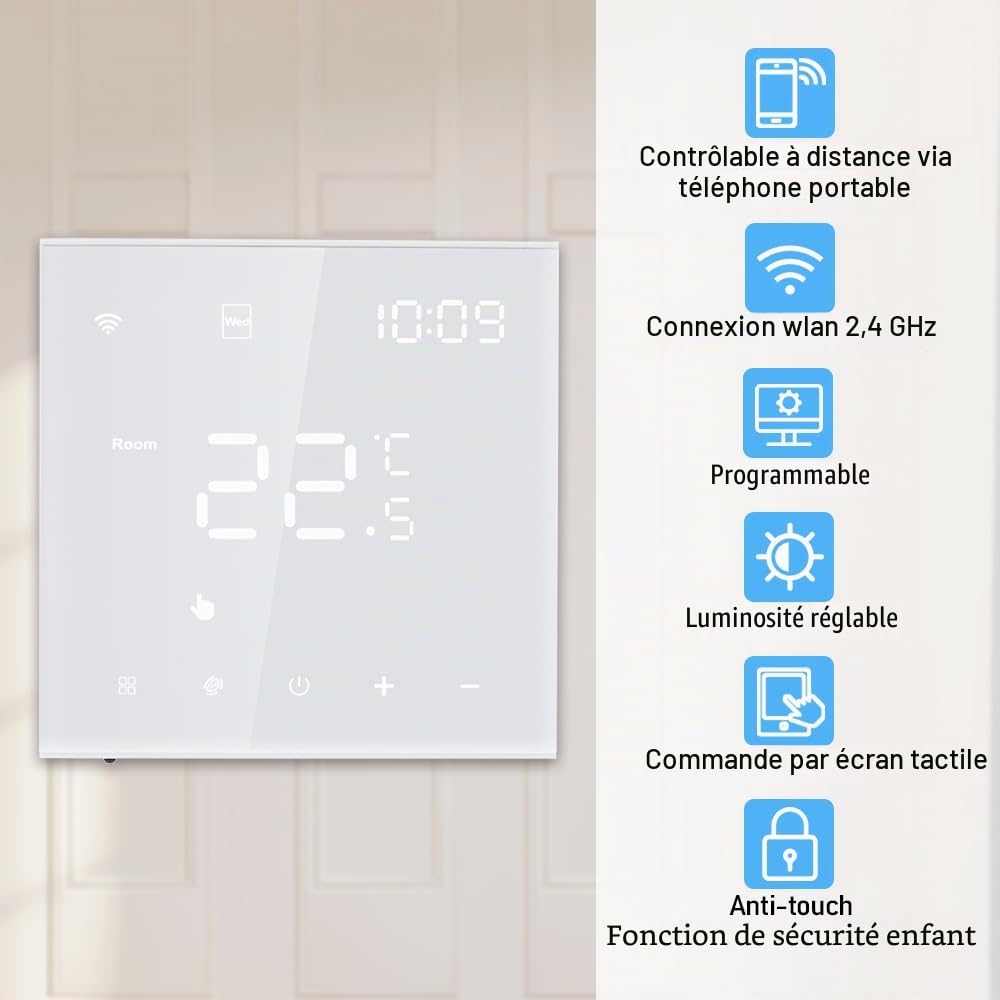Thermostat Connecté WiFi Chauffage de l'eau Thermostats d'Ambiance Programmable Régulateur de Température Mural avec LCD Numérique Compatible Tuya 3A,Blanc