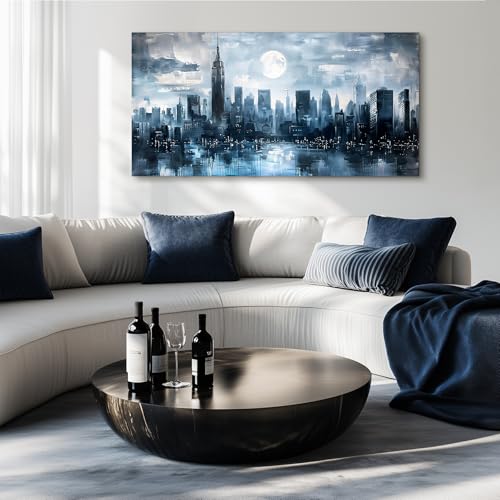 SERIMINO New York Skyline Wall Art Prints, City Night Landscape Large Canvas Painting, Abstract Urban Architecture Aesthetic Wall Pictures for Living Room Bedroom, Modern Office Decorations 30X60 Inch