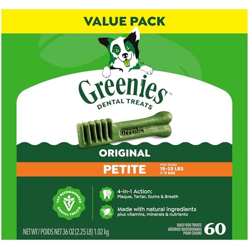 Greenies Veterinarian-Recommended Adult Natural Dental Dog Treats Petite Size, Dog Dental Chews, Original Flavor, 36 oz. Pack, 60 Count