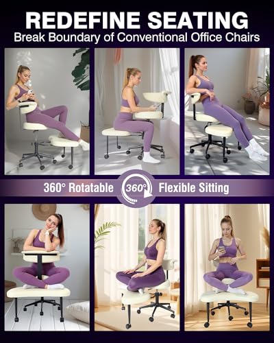 Image of PYY Cross Legged Office Chair - with Wrap-Around Armrest, 300lbs Load Capacity Meditation Chair with Wheels for Adults, Adjustable Height Yoga Chair, Ergonomic Chair for Home and Office