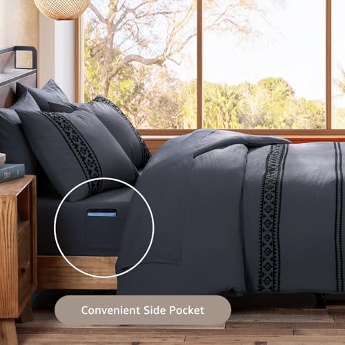 Image of MaiReve Embroidery Queen Comforter Set 7 Pieces Crown Blue Bed in a Bag