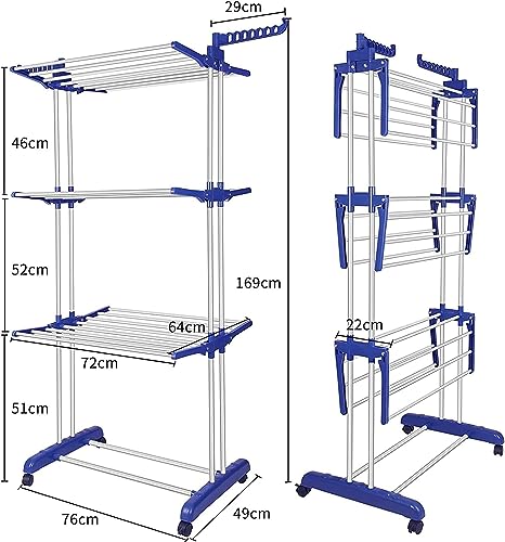 Image of Clothes Drying Rack, 3-Tier Folding Stainless Steel Laundry Rack with Side Wings Indoor & Outdoor Use Space-Saving Design (Blue)