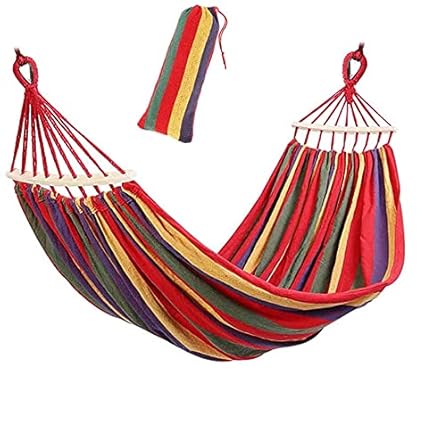 Sisliya Outdoor Anti-Rollover Durable Canvas Swing, Camping Single Person Portable Foldable Hammock, Fashion Rainbow Striped Wooden Stick Hammock
